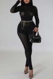 Schwarze, legere, einfarbige, durchsichtige, schmale Rollkragen-Jumpsuits im Patchwork-Stil
