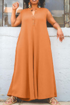 Orange Casual solida knappar V-hals Plus Size Jumpsuits