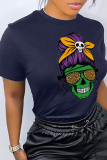 T-shirts à col rond en patchwork de crâne à imprimé quotidien noir