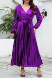 Пурпурные элегантные бронзовые плиссированные платья со складками уздечки и V-образным вырезом (с поясом)