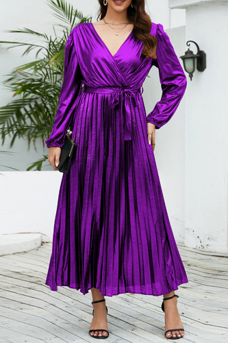 Purple Elegant Bronzing Frenulum Fold Reflective V Neck Pleated Dresses(With Belt)