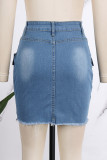 Blue Casual Solid Patchwork Buttons High Waist Skinny Cargo Denim Mini Skirts