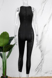 Zwarte Sexy Casual Solide Uitgeholde Doorzichtige O Neck Skinny Jumpsuits