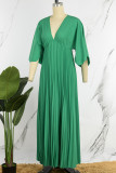 Green Casual Solid Patchwork V Neck Pleated Dresses