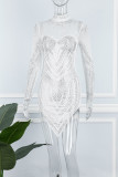 Белые сексуальные лоскутные прозрачные прозрачные асимметричные платья с длинным рукавом и вырезом под горло