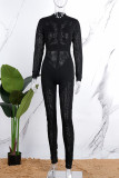 Schwarze, legere, einfarbige, durchsichtige, schmale Rollkragen-Jumpsuits im Patchwork-Stil