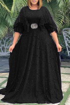 Черные повседневные элегантные однотонные кружевные сетчатые платья трапециевидной формы с круглым вырезом больших размеров черного цвета (без пояса)