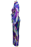 Многоцветный сексуальный принт в стиле пэчворк Уздечка с отложным воротником с длинным рукавом из двух частей