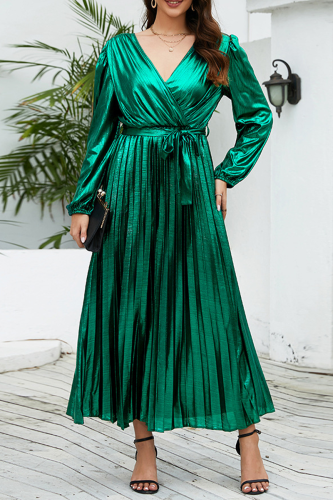 Green Elegant Bronzing Frenulum Fold Reflective V Neck Pleated Dresses(With Belt)