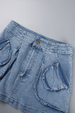 Jupes en jean skinny taille haute en patchwork uni décontracté bleu royal