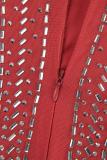 Rote sexy Patchwork-Hot-Drilling-durchsichtige lange Kleider mit halbem Rollkragen