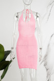 Roze sexy effen bandage rugloze halter mouwloze jurkjurken