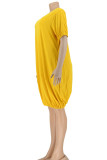 Orange Sweet Elegant Letter Patchwork Printing O Neck Lantern Skirt Short Sleeve Dress