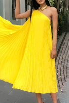 Желтые элегантные платья трапециевидной формы с однотонным лоскутным воротником и косым воротником