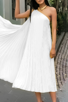 Branco elegante sólido patchwork gola oblíqua dobrada vestidos linha A