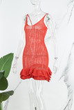 Красные сексуальные однотонные выдолбленные лоскутные оборки с ремешком на тонких бретелях, одноступенчатые платья-юбки
