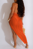 Tangerine Red Casual Solid Tassel évidé Backless High Opening Swimwears Cover Up
