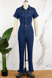 Голубой повседневный однотонный джинсовый комбинезон с отложным воротником в стиле пэчворк и короткими рукавами