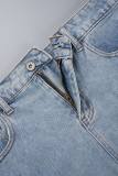 Синие повседневные однотонные рваные узкие джинсовые юбки с высокой талией