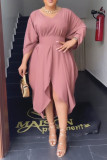 Nude Pink Casual Elegant Vacation Plain Hollowed Out With Belt Asymmetrical V Neck Irregular Dress Dresses