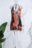 Abrikoos sexy print bandage tie-dye rugloze halter mouwloze jurk Jurken