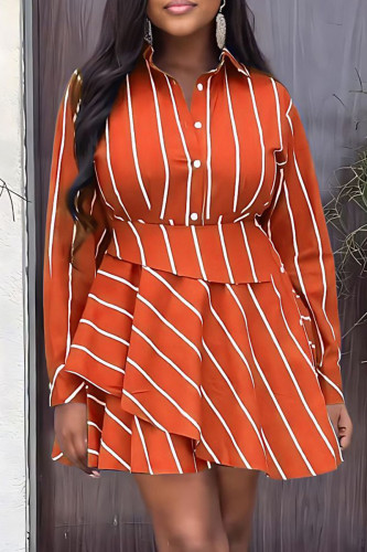 Orange Casual Striped Print Patchwork Turndown Collar Dresses