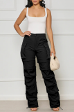 Schwarze Street Solid Patchwork-Hose mit Kordelzug und Taschenfalte, normale mittlere Taille, gerade, einfarbig