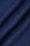ライトブルー カジュアル ソリッド パッチワーク ターンダウンカラー 半袖 スキニー デニム ジャンプスーツ