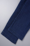 Темно-синие повседневные однотонные джинсовые комбинезоны с отложным воротником в стиле пэчворк и короткими рукавами