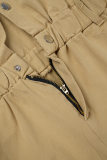 Apricot Casual Solid Patchwork Turndown Collar Long Sleeve Regular Denim Romper