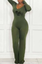 Green Casual Print Letter V Neck Jumpsuits(Without Waist Chain)