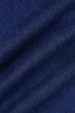 ライトブルー カジュアル ソリッド パッチワーク ターンダウンカラー 半袖 スキニー デニム ジャンプスーツ