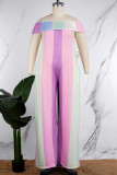 Purple Casual Striped Patchwork Backless Off the Shoulder Plus Size Jumpsuits