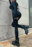Zwarte sportkleding effen patchwork skinny jumpsuits met rits en ritskraag