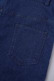 Tiefblaue, lässige, solide Patchwork-Jeansoveralls mit Turndown-Kragen und kurzen Ärmeln