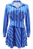 ブルー カジュアル ストライプ プリント パッチワーク ターンダウン カラー ドレス