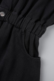 Mameluco de mezclilla regular de manga larga con cuello vuelto de patchwork sólido informal negro