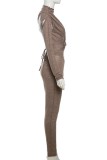 Bruine sexy casual effen uitgeholde magere jumpsuits met col en coltrui