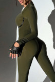 Verde Sportswear sólido retalhos zíper gola macacões magros