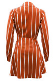 オレンジ カジュアル ストライプ プリント パッチワーク ターンダウン カラー ドレス