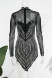Black Sexy Patchwork Hot Drilling See-through Asymmetrical Half A Turtleneck Long Sleeve Dresses