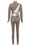 Brown Sexy Casual Solid Hollowed Out Backless Turtleneck Skinny Jumpsuits