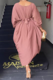 Nude Pink Casual Elegant Vacation Plain Hollowed Out With Belt Asymmetrical V Neck Irregular Dress Dresses