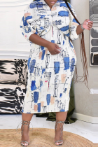 Robes de jupe crayon à col en V et patchwork imprimé rue bleu blanc