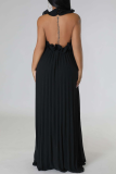 Black Casual Solid Patchwork Backless Fold Stringy Selvedge Halter Straight Dresses