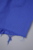 Pagliaccetto in denim regolare a maniche lunghe con colletto rovesciato in tinta unita casual blu
