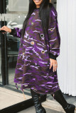 Púrpura Estampado de calle Estampado de camuflaje Ahuecado Patchwork Cuello redondo Vestidos rectos de talla grande