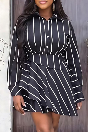 Black Casual Striped Print Patchwork Turndown Collar Dresses