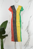 Mehrfarbiges, sexy, lässiges Patchwork-Strandkleid mit ausgehöhltem Schlitz und kontrastierendem V-Ausschnitt