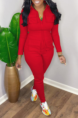 Red Casual Solid Patchwork Turndown Collar Regular Jumpsuits